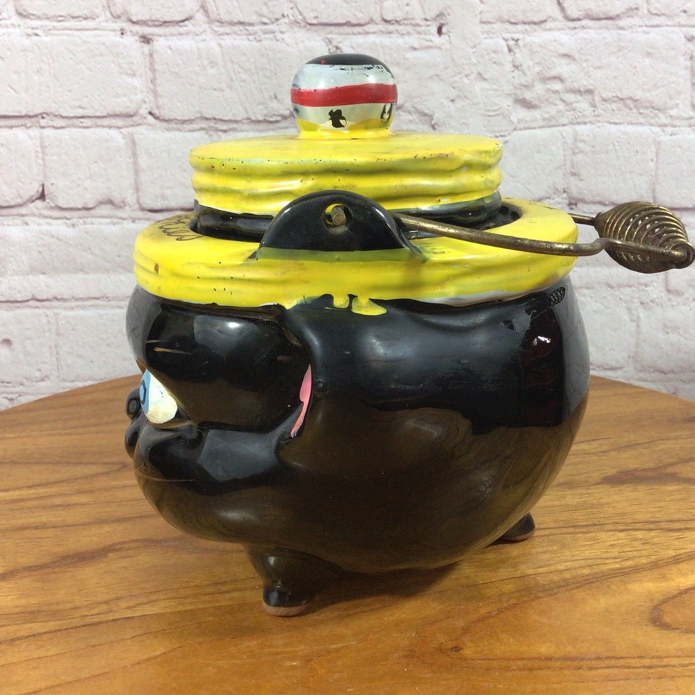Vintage Hand Painted Americana Redware Norcrest Cookie Jar with Wire Handle - Picture 8 of 10